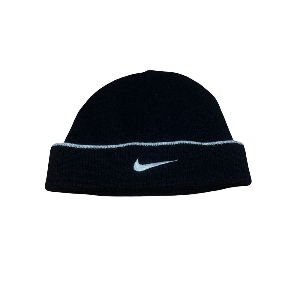 Vintage Nike Black Beanie Center Swoosh Cap 90s Skullcap